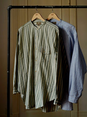 綿麻 ストライプ スタンドカラー シャツ