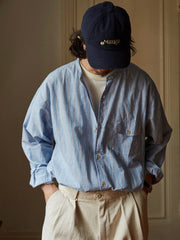 綿麻 ストライプ スタンドカラー シャツ