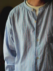 綿麻 ストライプ スタンドカラー シャツ