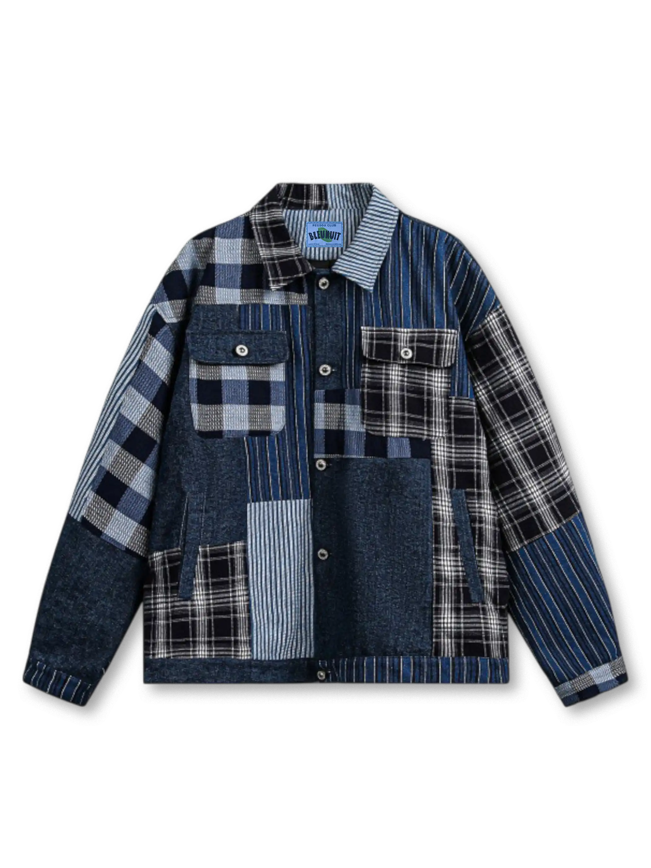 チェック地とインディゴデニムパネルを組み合わせたパッチワークデニムジャケット