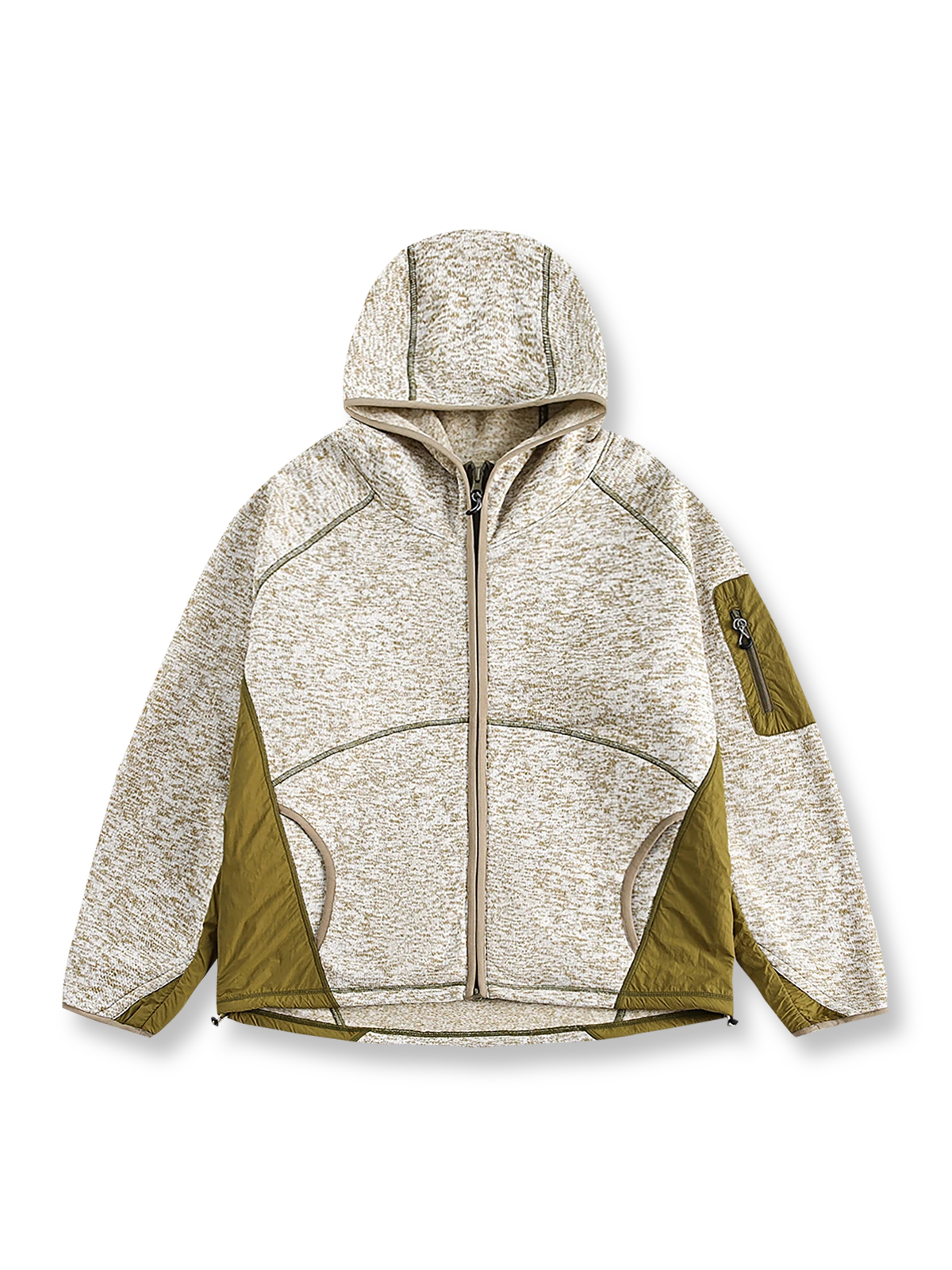 パッチワークヘビージャケットの全体正面画像、バイカラーデザインとジッパーポケットのディテール。