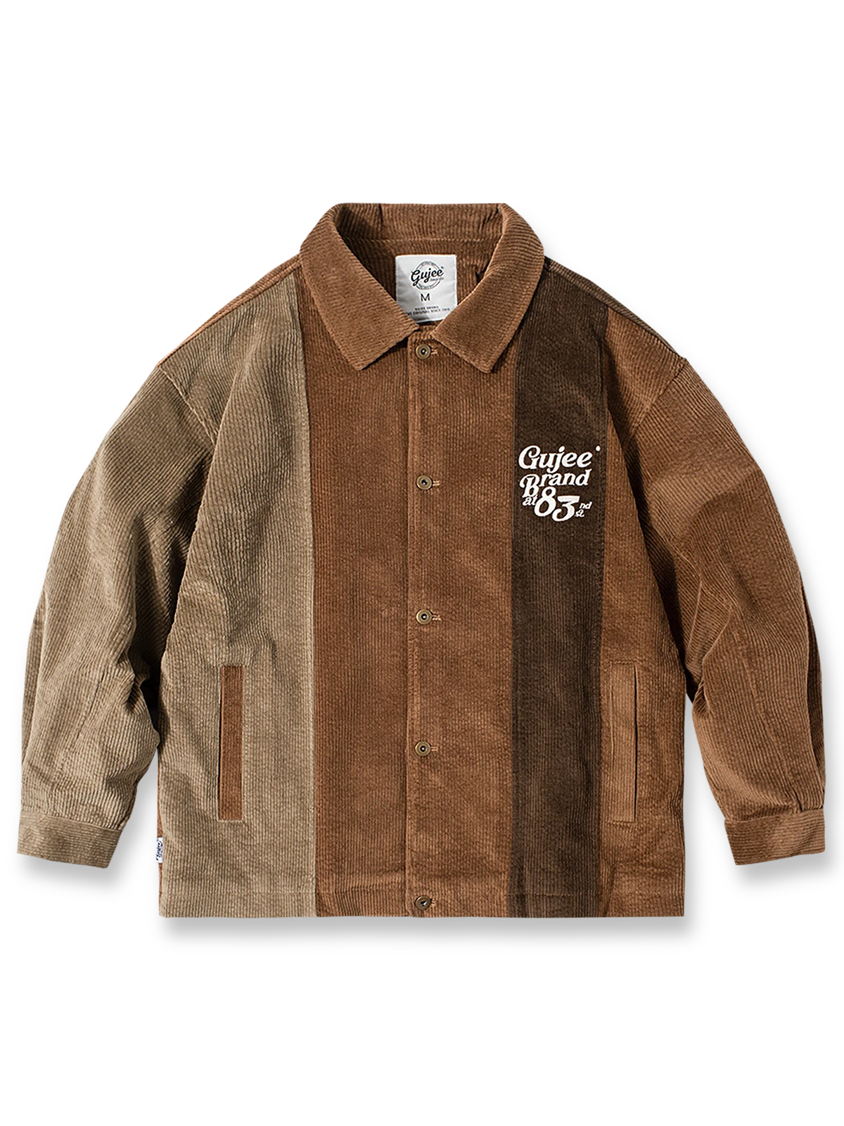 グラデーションパッチワークとコーデュロイ襟が特徴のジャケット