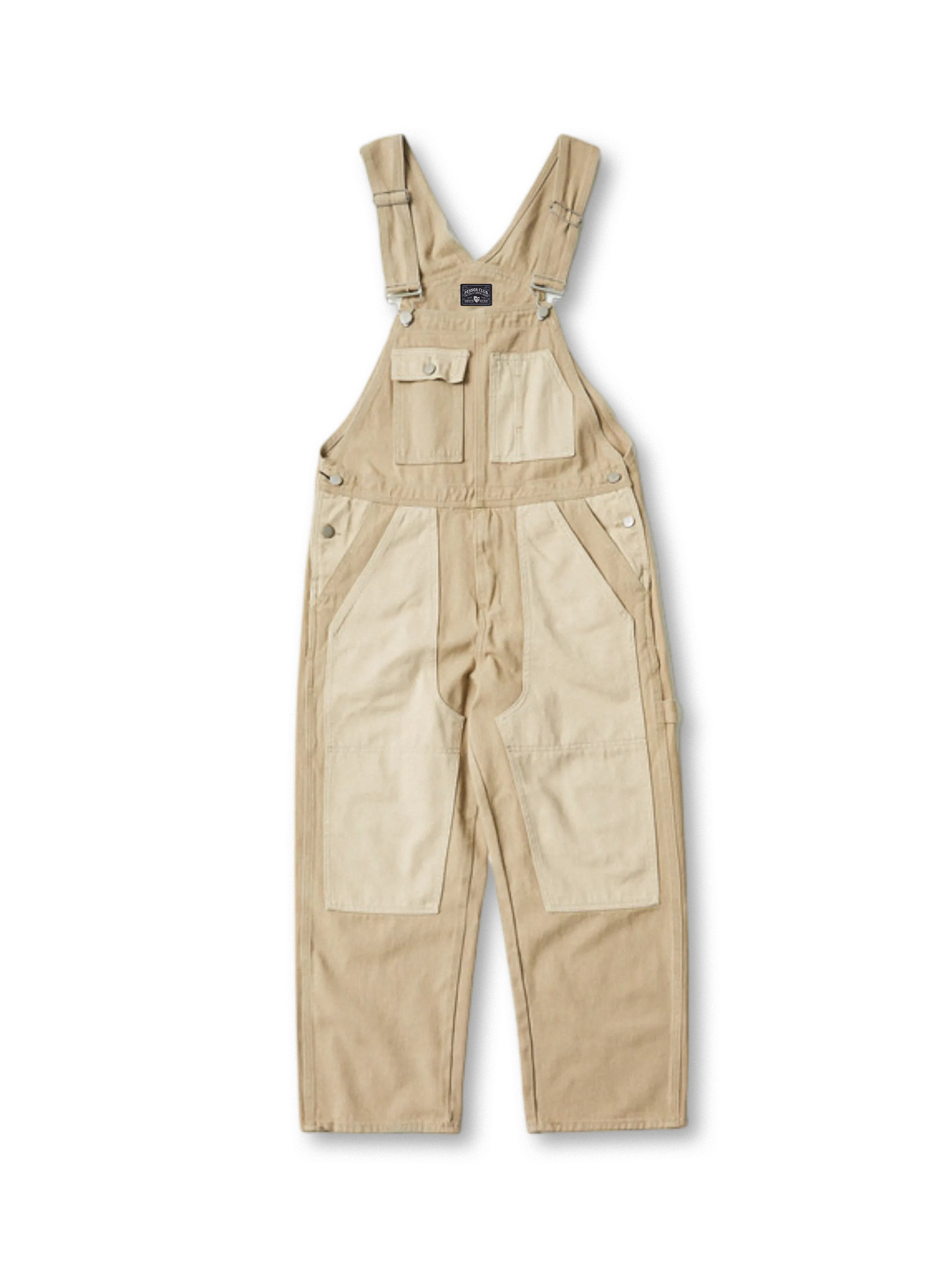 パッチワークポケットとヘビーツイル生地が特徴のワークオーバーオール