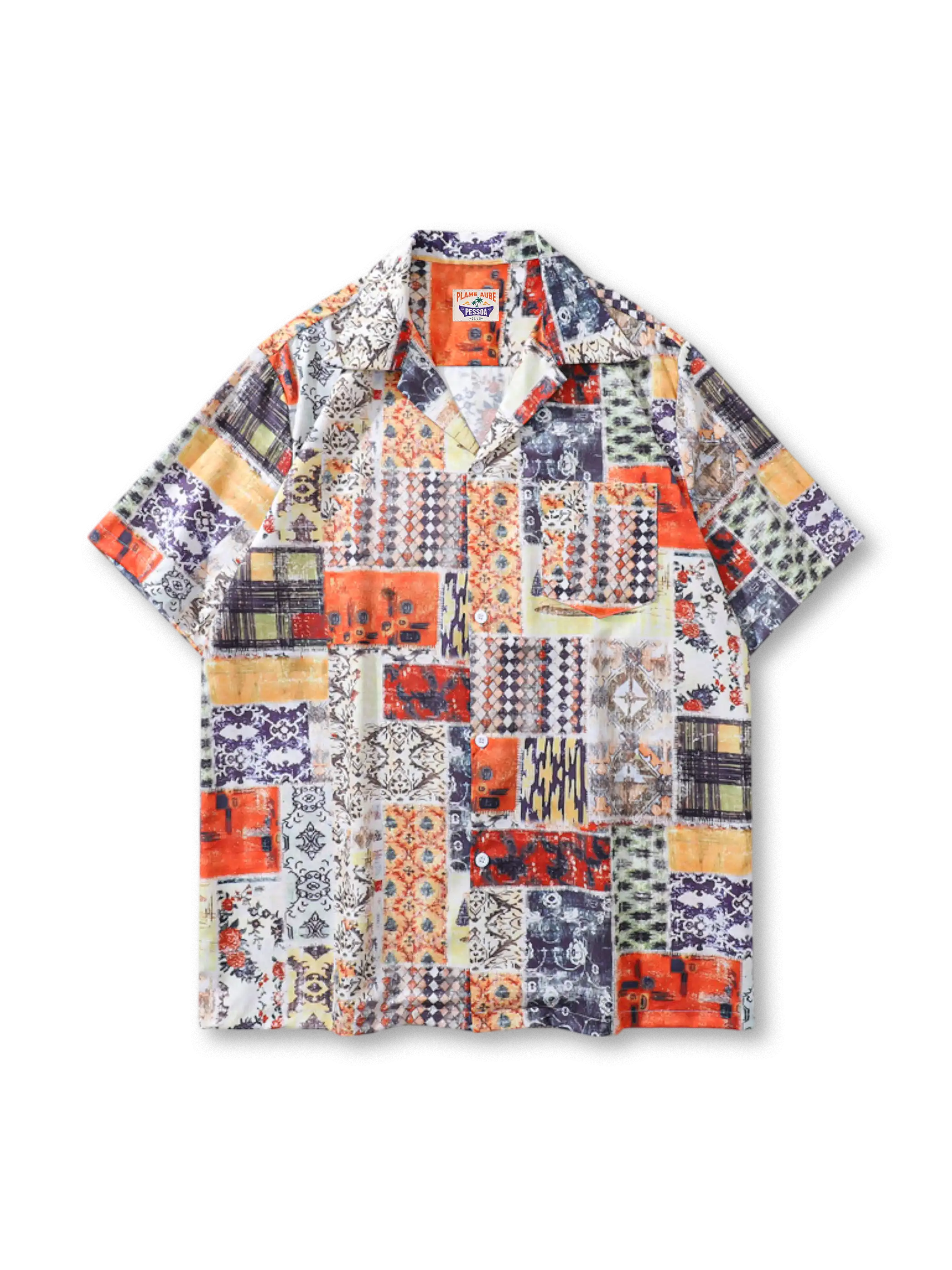 ヴィンテージキルト風パッチワークプリントが映える開襟ハワイアンシャツ