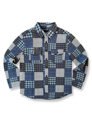 異なるテクスチャーとカラーのチェック柄が映えるパッチワーク風長袖シャツ