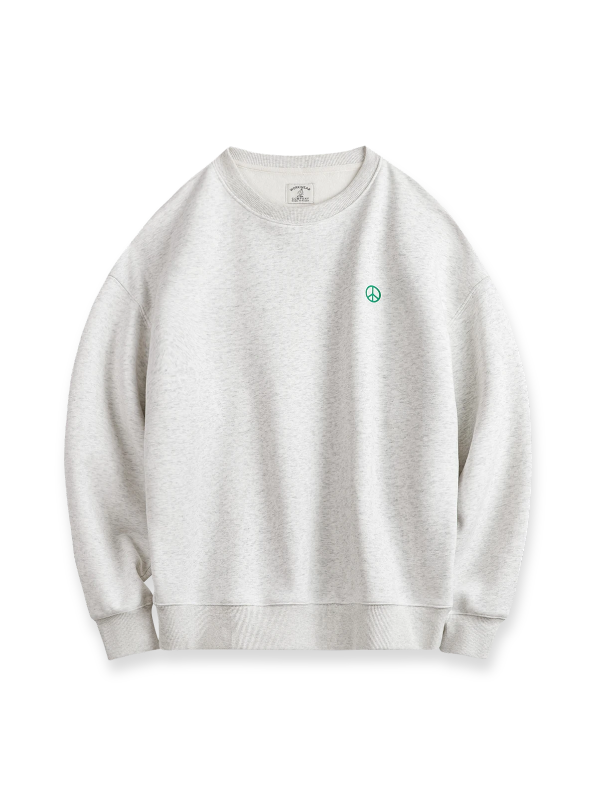 ピースマークプリントが映える裏起毛スウェットシャツ