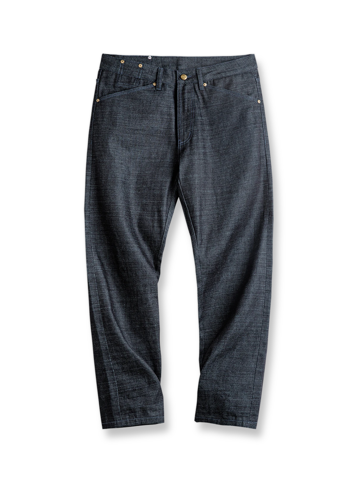 13オンスリジッドデニムのペッパーソルト柄ヴィンテージデニム。スラブ糸の立体感とレトロ五金、植物タンニンレザーパッチを特徴とするアイテム。