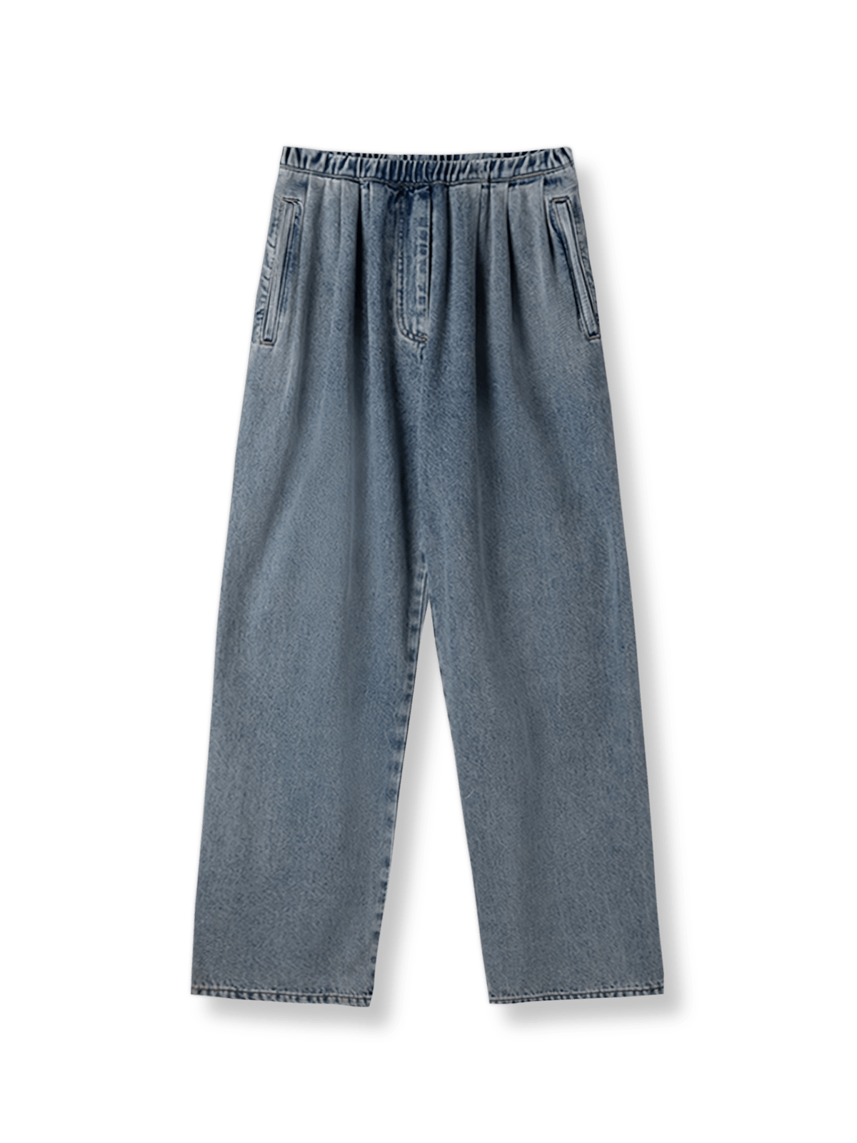 製品画像: レトロでゆったりとしたウエストゴムデニムワイドパンツ正面図