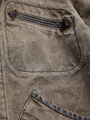 製品画像: アメカジヴィンテージ農場主スタイルのオープンカラーコットンキャンバスワークジャケットの全体像
詳細画像: アンティーク調真鍮メタルボタンと独特なウォッシュ加工のディテール