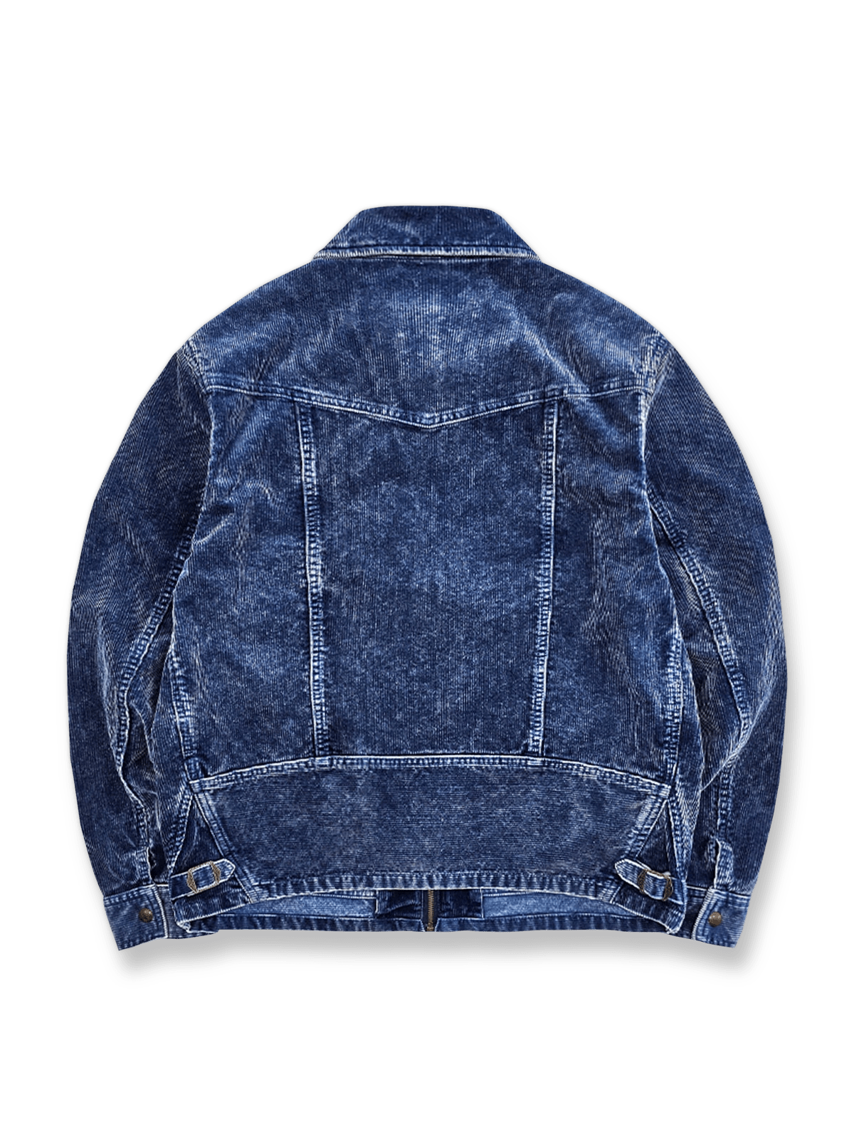 製品画像: コットンインディゴバチ染め多ポケットワークジャケットの全体画像
詳細画像: YKK真鍮製ジッパーとヴィンテージ風メタルスナップボタンのディテール