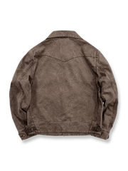 製品画像: クラシックショールカラー ヴィンテージコットンジャケットの正面ビュー。特徴的なショールカラーとメタルボタンのディテールが際立つデザイン。
詳細画像: 明線ステッチとヴィンテージ加工が施されたショールカラー部分のクローズアップ。