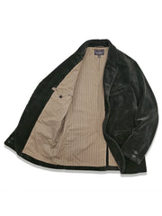 製品画像:クラシックなヴィンテージ風ブラックコーデュロイジャケットの正面
詳細画像:果実モチーフボタンとコーデュロイ生地のテクスチャーディテール