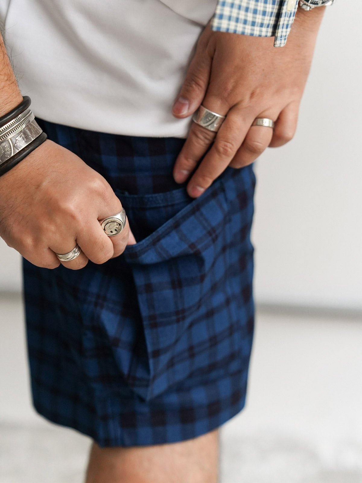 詳細画像: ヴィンテージインディゴアシンメトリーパッチワークチェック多ポケットショーツのディテール画像