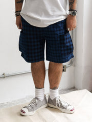 インディゴアシンメトリーパッチワークチェック多ポケットショーツ