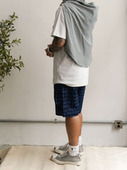 インディゴアシンメトリーパッチワークチェック多ポケットショーツ