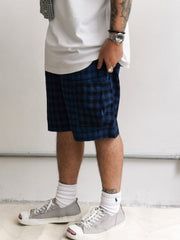 インディゴアシンメトリーパッチワークチェック多ポケットショーツ