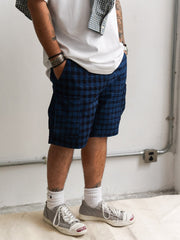 インディゴアシンメトリーパッチワークチェック多ポケットショーツ