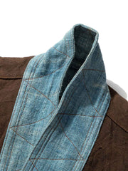 製品画像:ショリョウ染め古布パッチワーク藍染手工長袖前開きシャツの正面画像
詳細画像:藍染古布とショリョウ染め手織り布のディテール特写