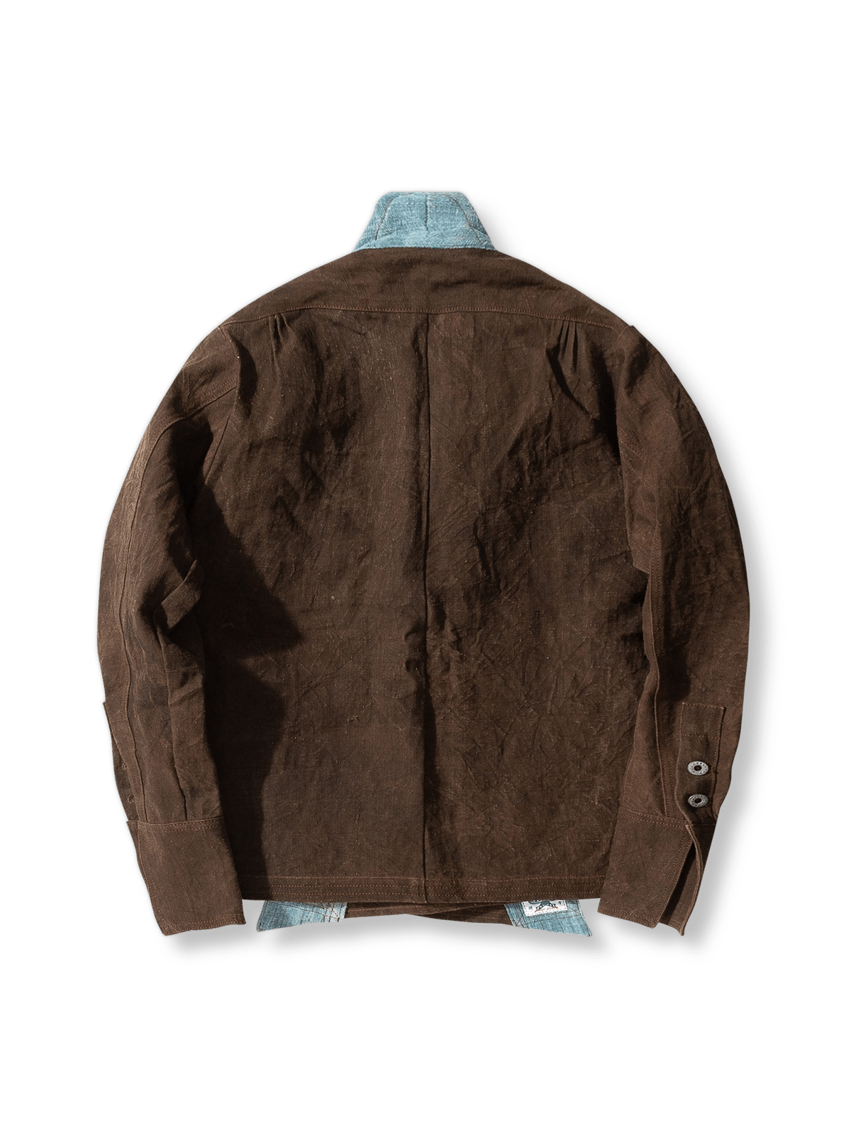 製品画像:ショリョウ染め古布パッチワーク藍染手工長袖前開きシャツの正面画像
詳細画像:藍染古布とショリョウ染め手織り布のディテール特写