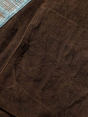 製品画像:ショリョウ染め古布パッチワーク藍染手工長袖前開きシャツの正面画像
詳細画像:藍染古布とショリョウ染め手織り布のディテール特写