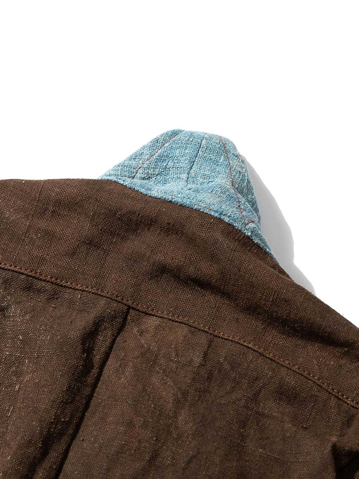 製品画像:ショリョウ染め古布パッチワーク藍染手工長袖前開きシャツの正面画像
詳細画像:藍染古布とショリョウ染め手織り布のディテール特写