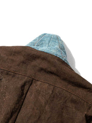 製品画像:ショリョウ染め古布パッチワーク藍染手工長袖前開きシャツの正面画像
詳細画像:藍染古布とショリョウ染め手織り布のディテール特写