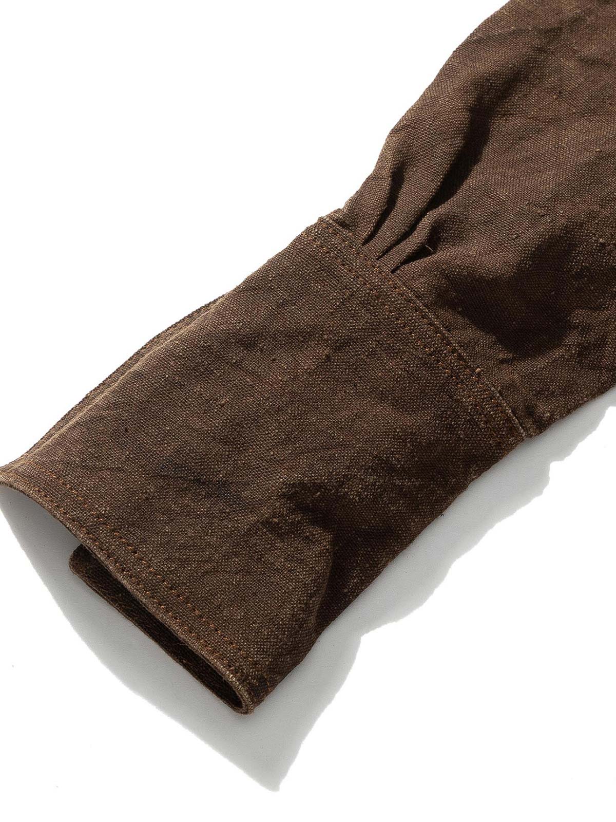 製品画像:ショリョウ染め古布パッチワーク藍染手工長袖前開きシャツの正面画像
詳細画像:藍染古布とショリョウ染め手織り布のディテール特写