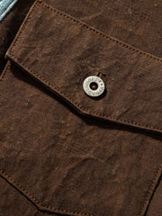 製品画像:ショリョウ染め古布パッチワーク藍染手工長袖前開きシャツの正面画像
詳細画像:藍染古布とショリョウ染め手織り布のディテール特写