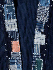 製品画像:植物染め剣道着生地手織り布刺し子パッチワーク七分袖前開きシャツの正面画像
詳細画像:刺し子のパッチワークと手作業による染めのディテール画像