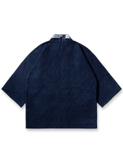 製品画像:植物染め剣道着生地手織り布刺し子パッチワーク七分袖前開きシャツの正面画像
詳細画像:刺し子のパッチワークと手作業による染めのディテール画像