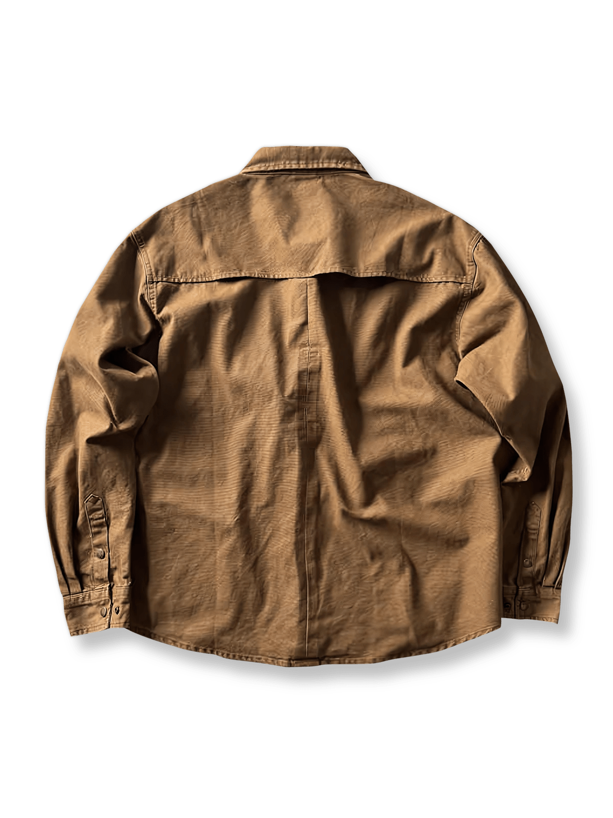 製品画像: アウトドアハンティング(狩猟)スタイルヴィンテージウォッシュ加工ワークシャツの全体画像。シャツの全体的なシルエットとデザインが明確に分かる。
詳細画像: ダブルポケットのデザインとヴィンテージ加工のディテール画像。シャツの質感と耐久性が強調されている。