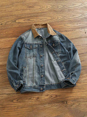 コーデュロイ襟パッチワークデニムジャケット