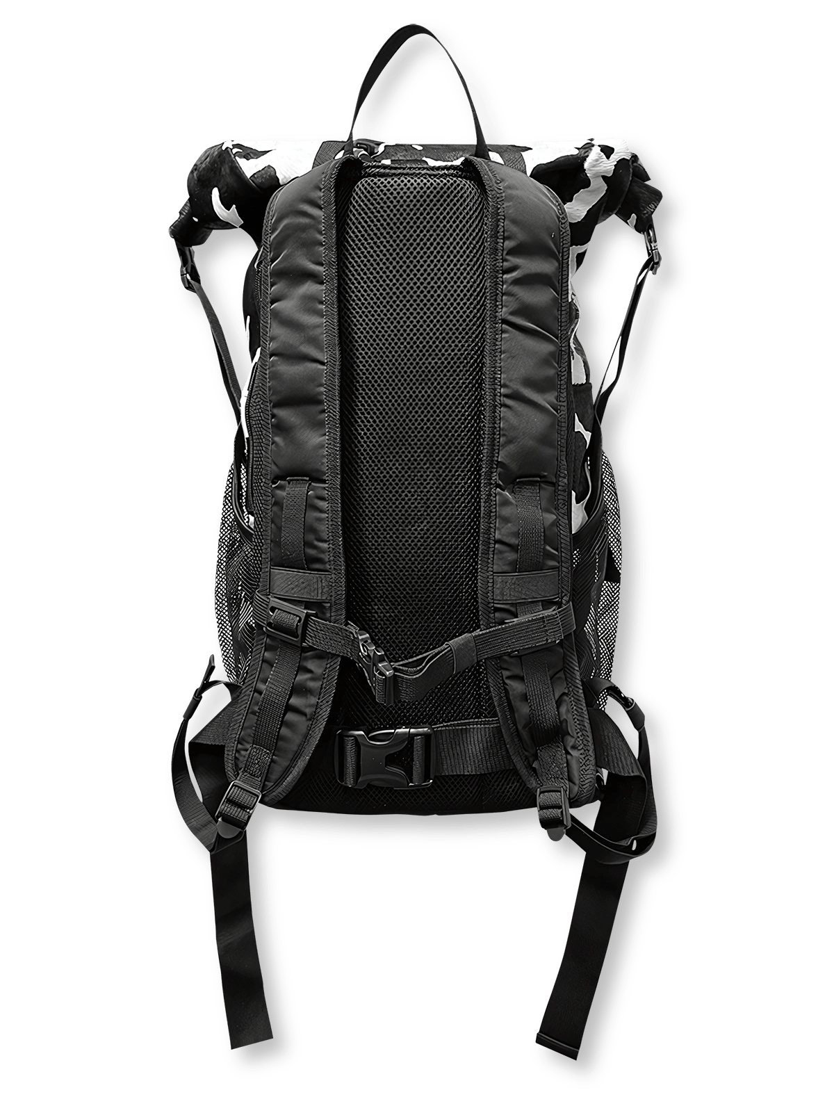 製品画像:カウパターンポニーヘア登山リュックサック反面図