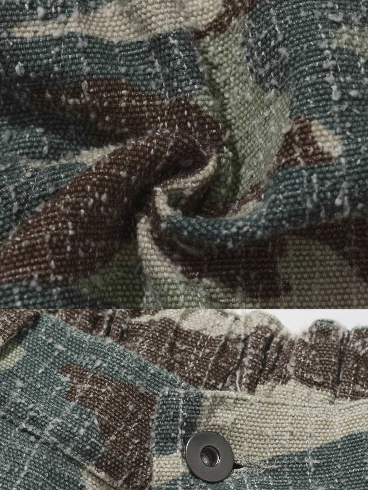 七分丈パンツのディテールショット、磨耗感とポケットデザインを示す。