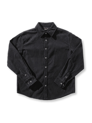 製品画像: ヘビーコーデュロイシャツの正面展示
詳細画像: ラウンドヘムとヴィンテージ風ボタンのディテールクローズアップ