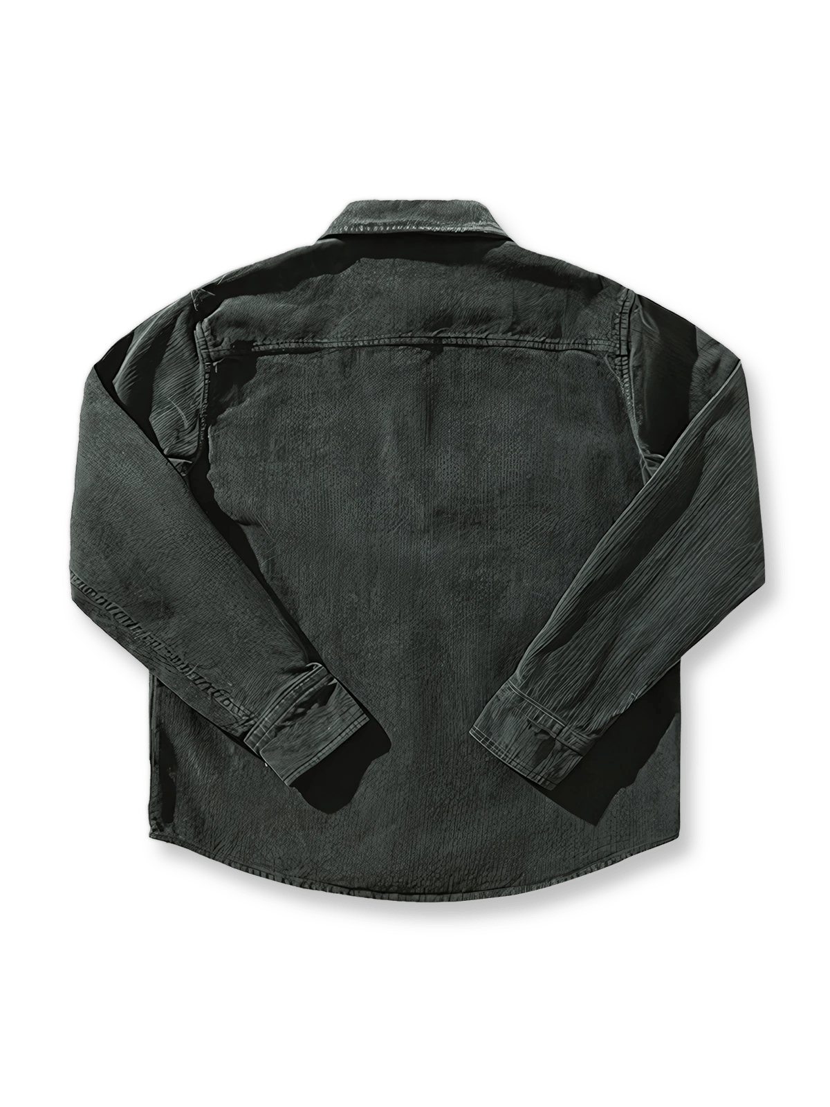 詳細画像: ラウンドヘムとヴィンテージ風ボタンのディテールクローズアップ
モデル画像: コーデュロイシャツを着用したスタイリング例