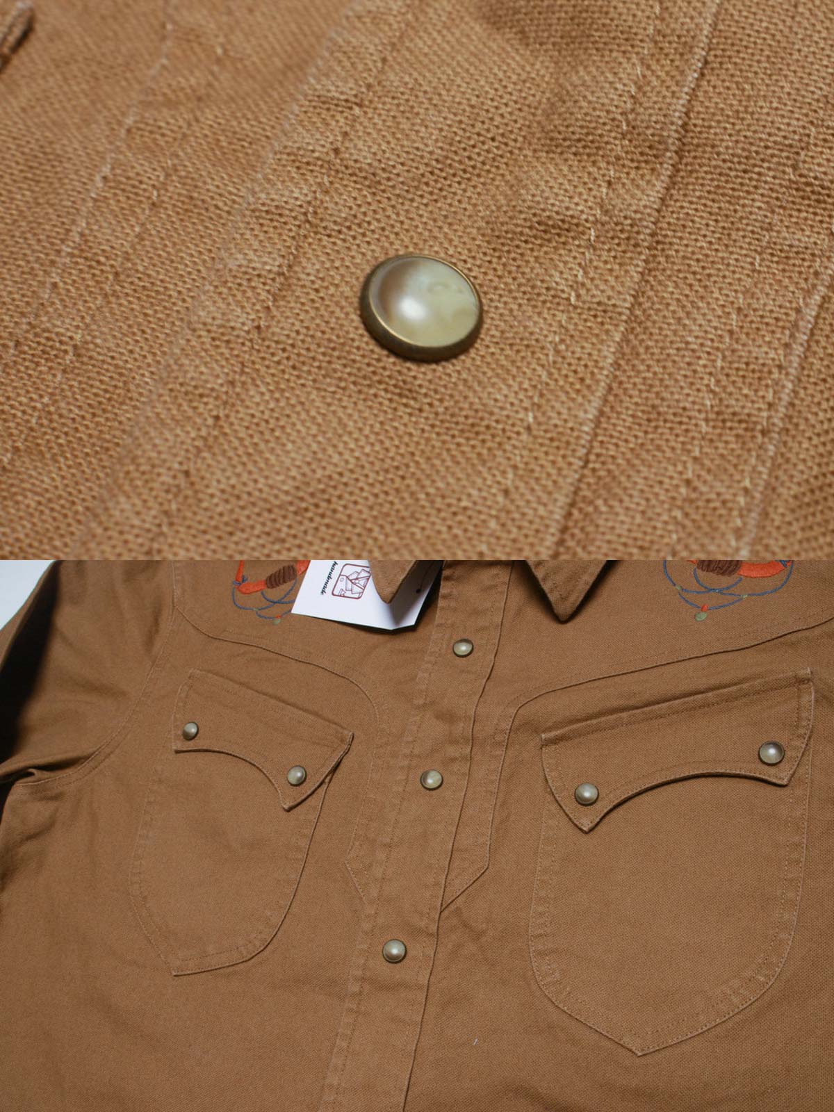 コットン刺繍と金属製ボタンのディテール特写