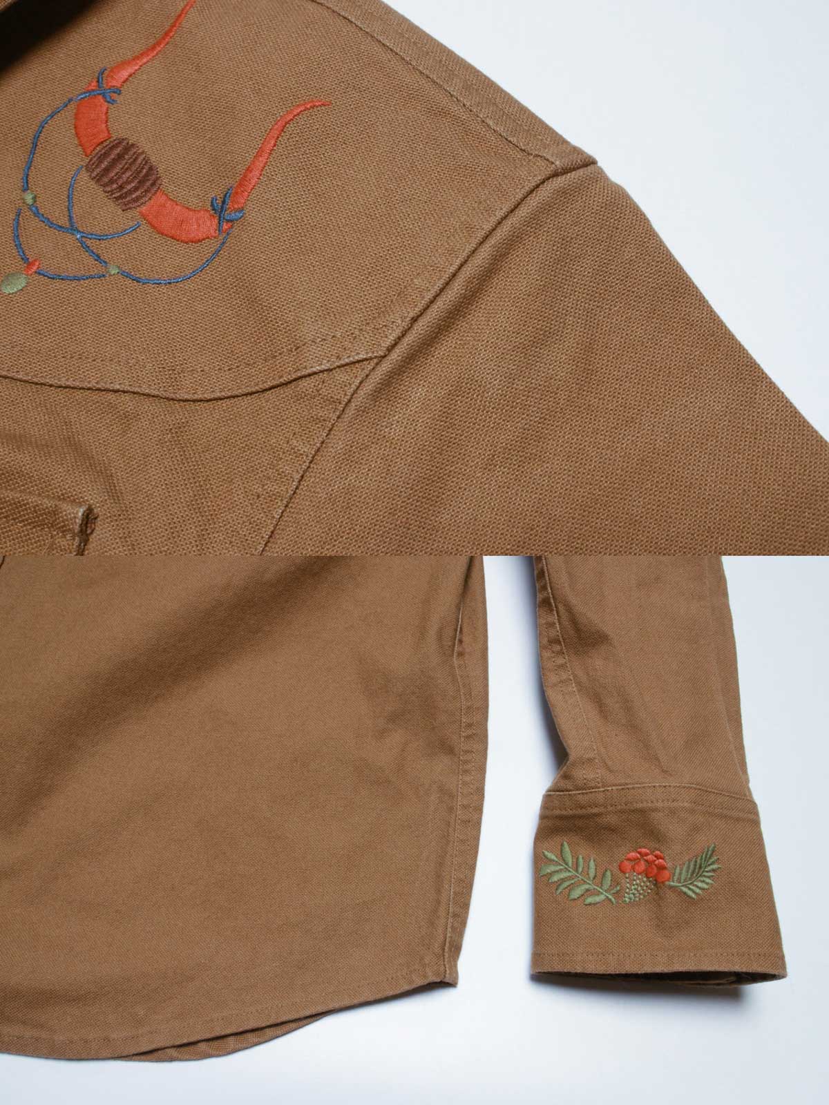 コットン刺繍と金属製ボタンのディテール特写