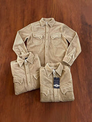 製品画像:アメリカンヴィンテージウエスタン風カウボーイコーデュロイ長袖シャツの正面画像
詳細画像:胸元のロングホーンデザインと袖口の縫製ディテール特写