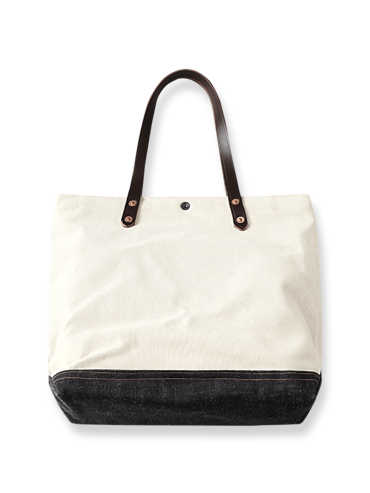 製品画像: コットン100%のホワイトキャンバスと赤耳デニムのパッチワークショルダーバッグの平置き画像 - ビンテージで耐久性のあるデザイン
詳細画像: ベジタブルタンニンレザーストラップと前面ポケットのデザインのディテール - 機能性とスタイル