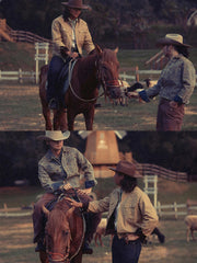 詳細画像: ヴィンテージ刺繍とコーデュロイ襟のディテール - レイヤー感とヴィンテージスタイル
モデル画像: 男性モデルが着用するオイルワックスジュファブリックのライダースジャケット - アメリカンビンテージ風コーディネート