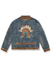 インディアン刺繍コーデュロイ切替ウォッシュデニムジャケット、正面と背面の全体図