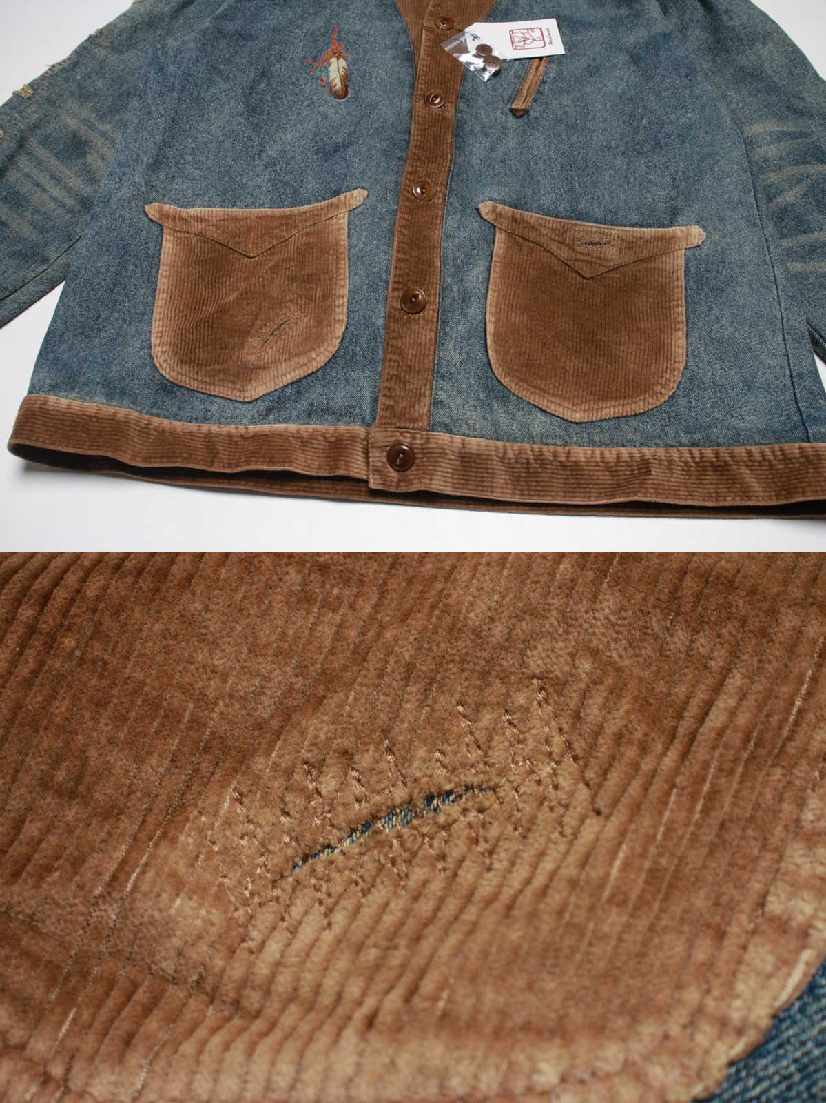 コーデュロイ補強部分と背中のインディアン刺繍のディテール特写