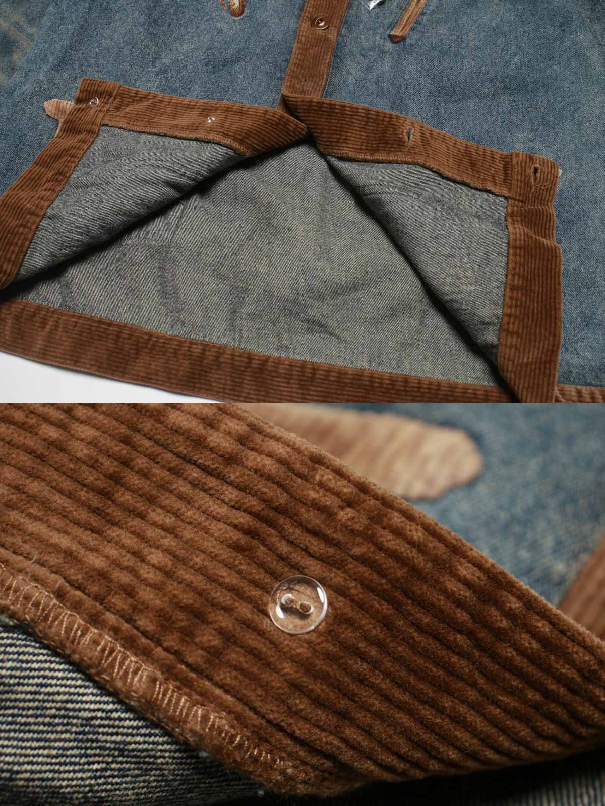 コーデュロイ補強部分と背中のインディアン刺繍のディテール特写