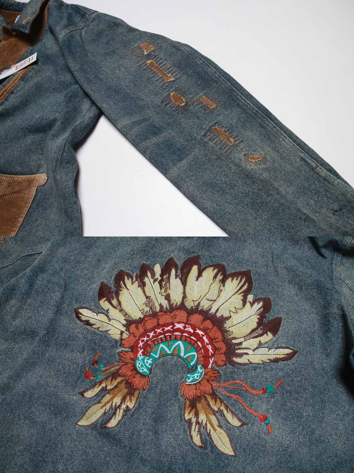 コーデュロイ補強部分と背中のインディアン刺繍のディテール特写