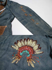 コーデュロイ補強部分と背中のインディアン刺繍のディテール特写