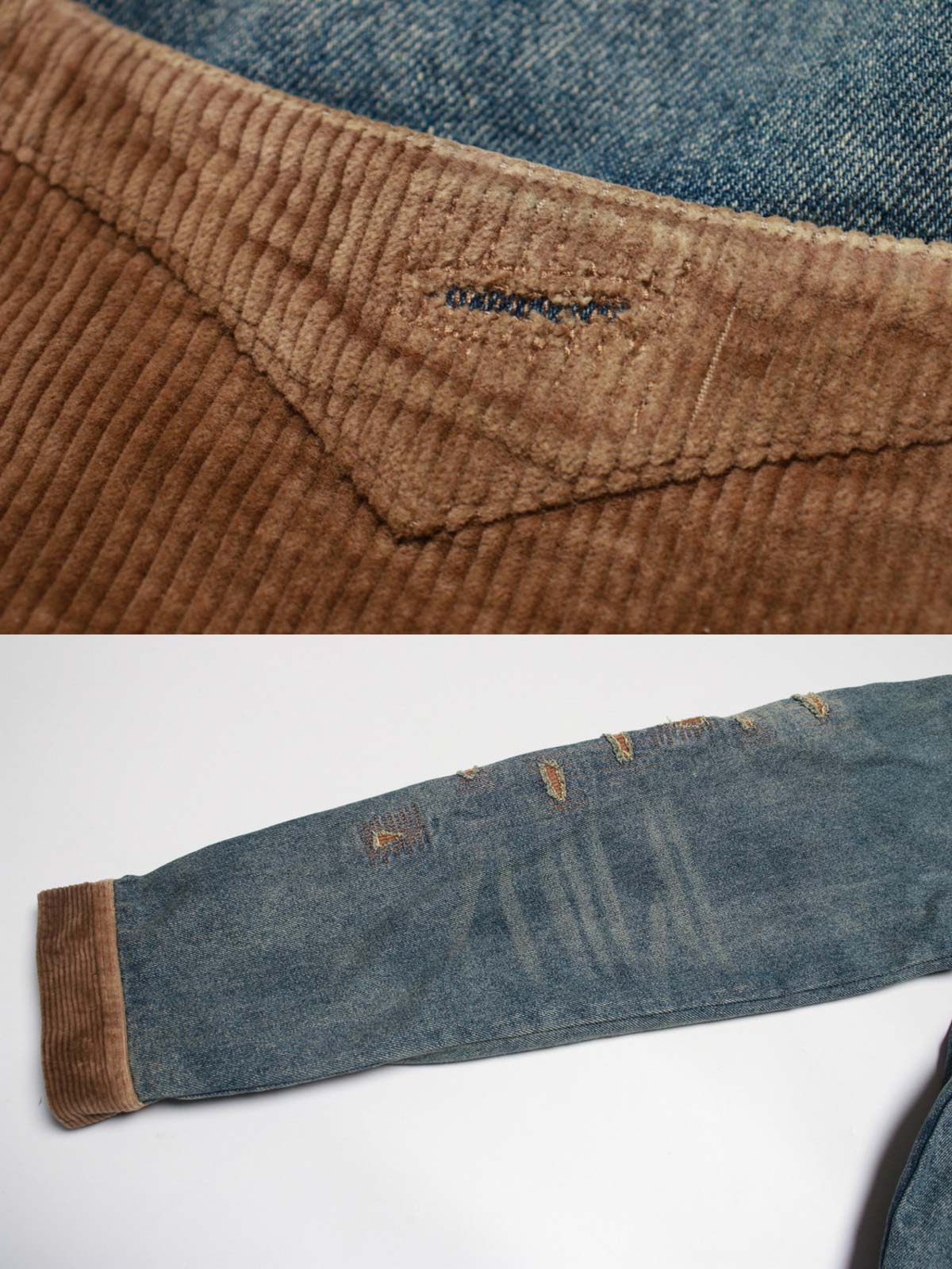 コーデュロイ補強部分と背中のインディアン刺繍のディテール特写