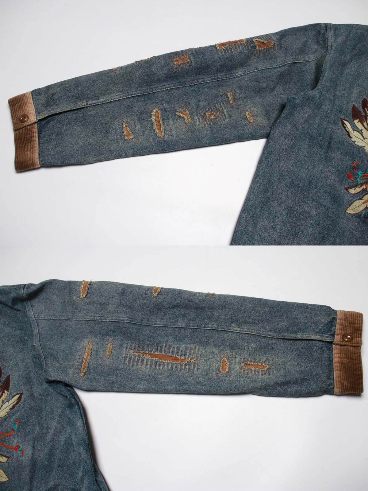 コーデュロイ補強部分と背中のインディアン刺繍のディテール特写