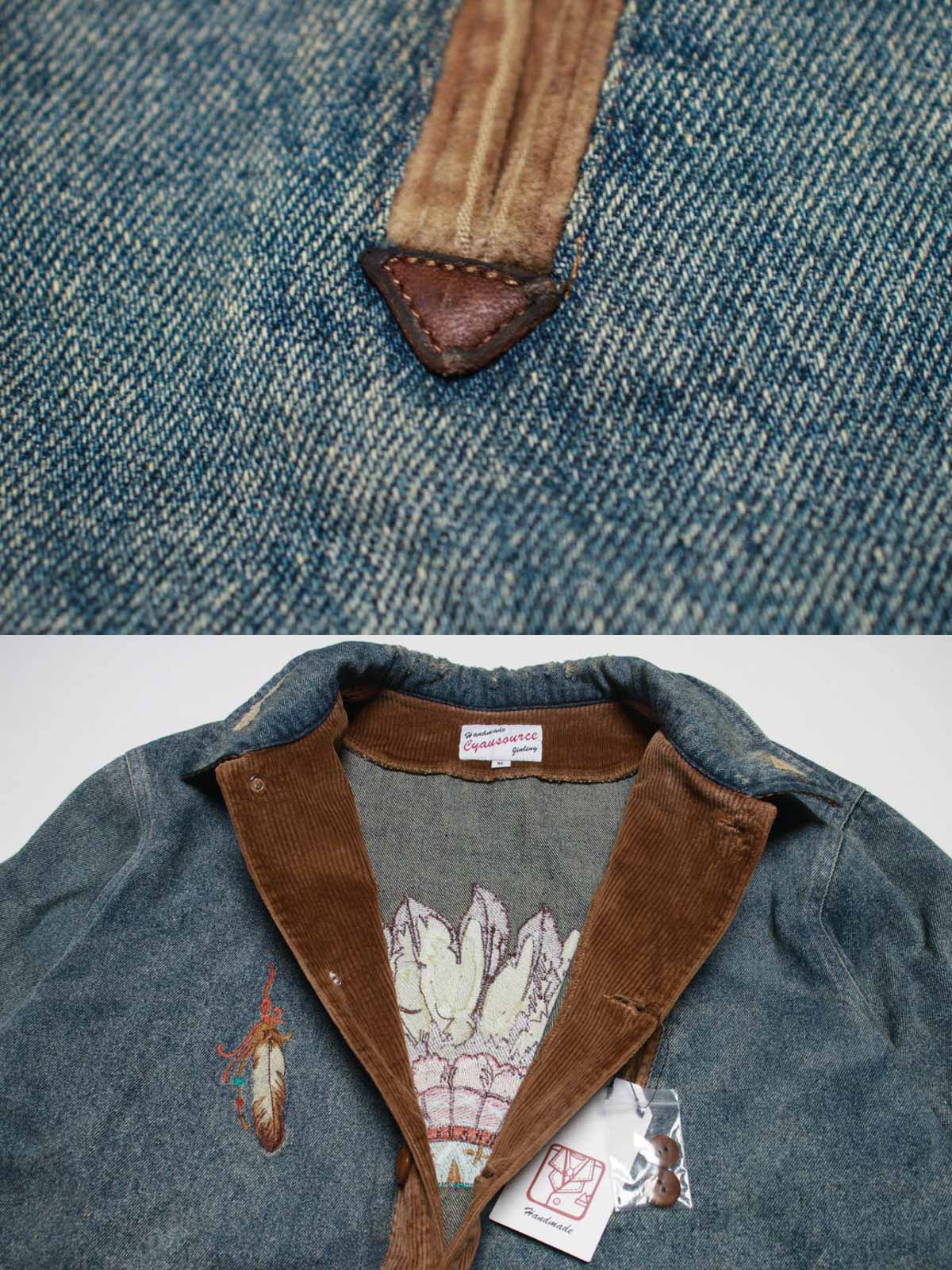 コーデュロイ補強部分と背中のインディアン刺繍のディテール特写