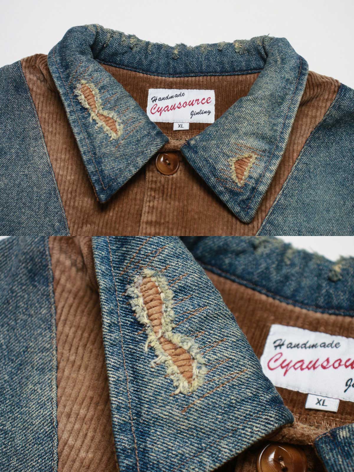 コーデュロイ補強部分と背中のインディアン刺繍のディテール特写